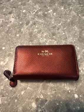 Coach Leather Zip Card Holder - Burgundy with Gold Logo